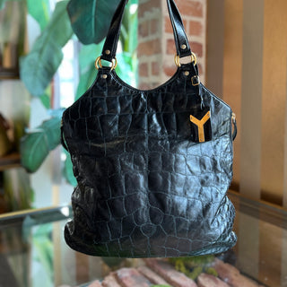 SAINT LAURENT Metropolis Tribute Black Patent Croc Embossed Leather Hobo