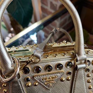 PRADA Pyramid Studded Gold Saffiano Lux Leather Satchel