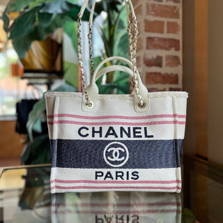 CHANEL Deauville Navy Red Beige Striped Canvas Tote