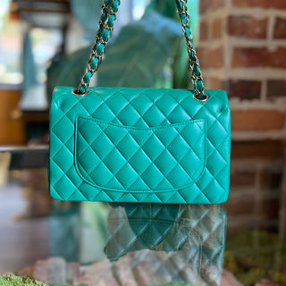 CHANEL Small Classic Double Flap Green Lambskin Quilted Shoulder Bag