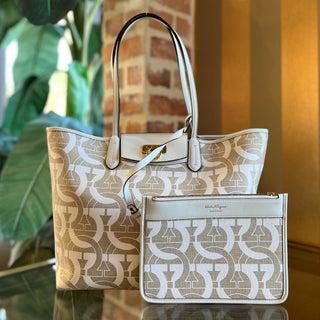 SALVATORE FERRAGAMO Gancini Travel Beige Canvas Tote Bag