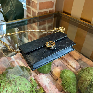 GUCCI Black GG Embossed Leather Interlocking G Wallet on Chain
