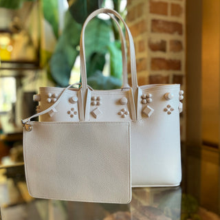 CHRISTIAN LOUBOUTIN Cabatta Small Spikes East West White Leather Tote