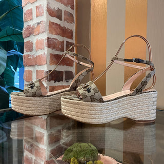 GUCCI Beige Canvas Horsebit Espadrille Wedges SZ 39 (US 9)