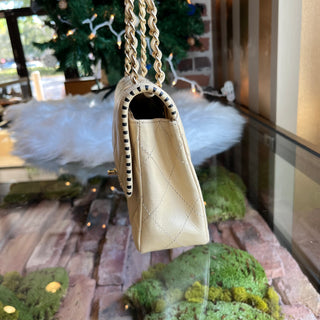 CHANEL Single Flap Whipstitch Beige Lambskin Shoulder Bag