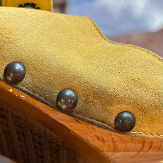 CHANEL CC Yellow Suede Beige Wood Clog Heels SZ 36 (US 6)
