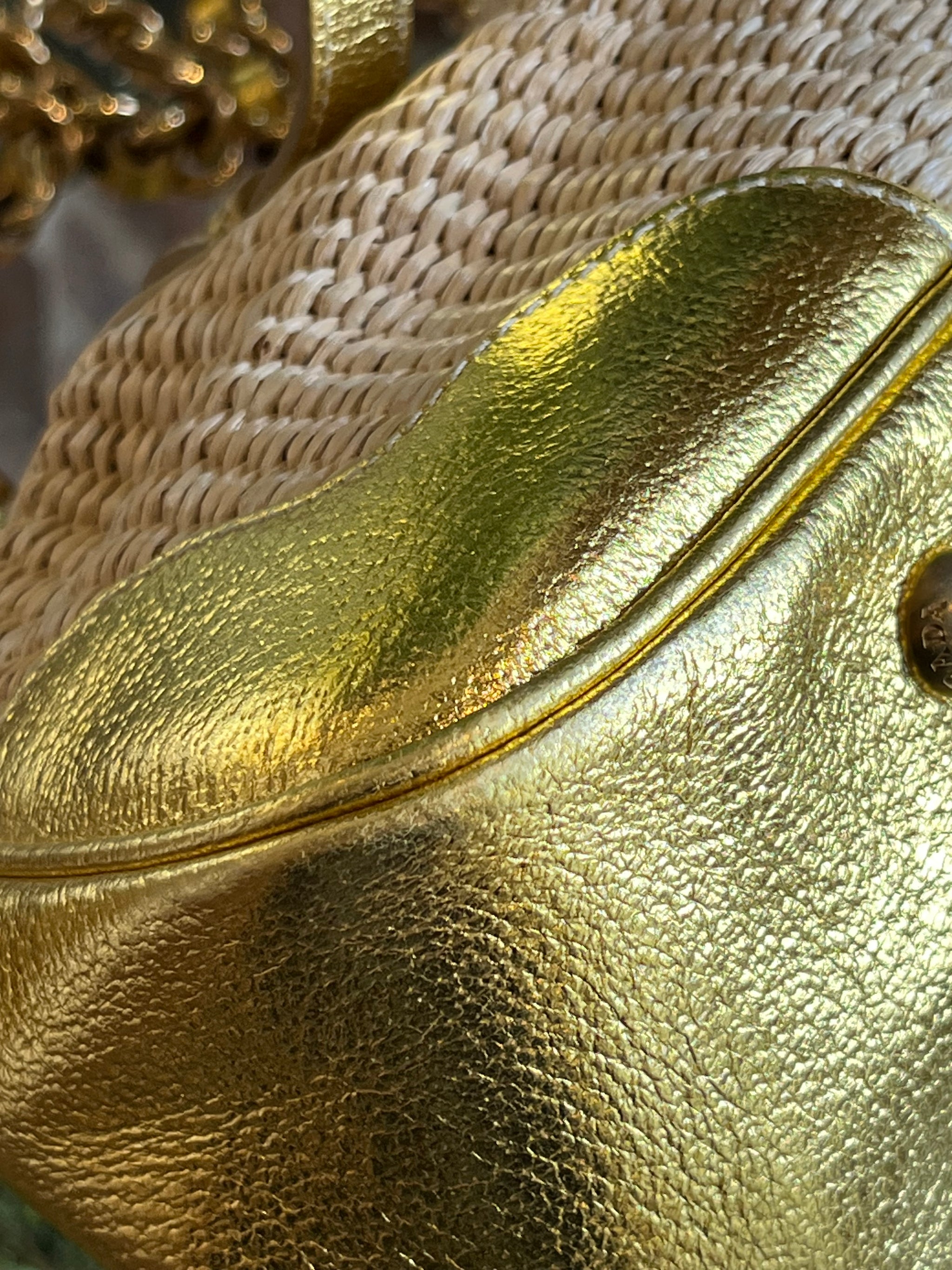PRADA Raffia Woven & Metallic Gold Leather Madras Frame Top Chain