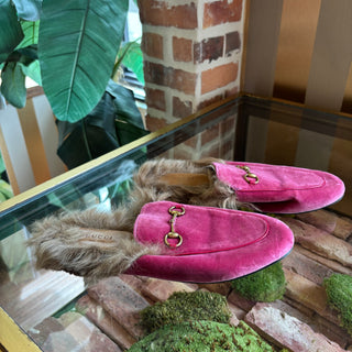 GUCCI Pink Velvet Horsebit Princetown Loafers 41