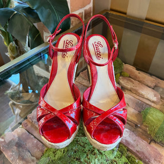 GUCCI Penelope Microguccissima Red Patent Leather Espadrille Wedges Size 40