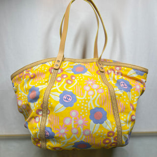 CHANEL High Summer Yellow Canvas Vintage CC Floral Printed Tote Bag