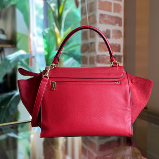 CELINE Small Trapeze Red Pebbled Calfskin Suede Leather Tote Bag