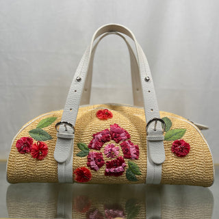 CHRISTIAN DIOR White Beige Limited Edition Woven Floral Embroidered Satchel Bag