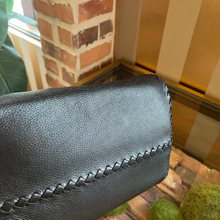 BOTTEGA VENETA Black Leather Intrecciato Trim Tote Bag