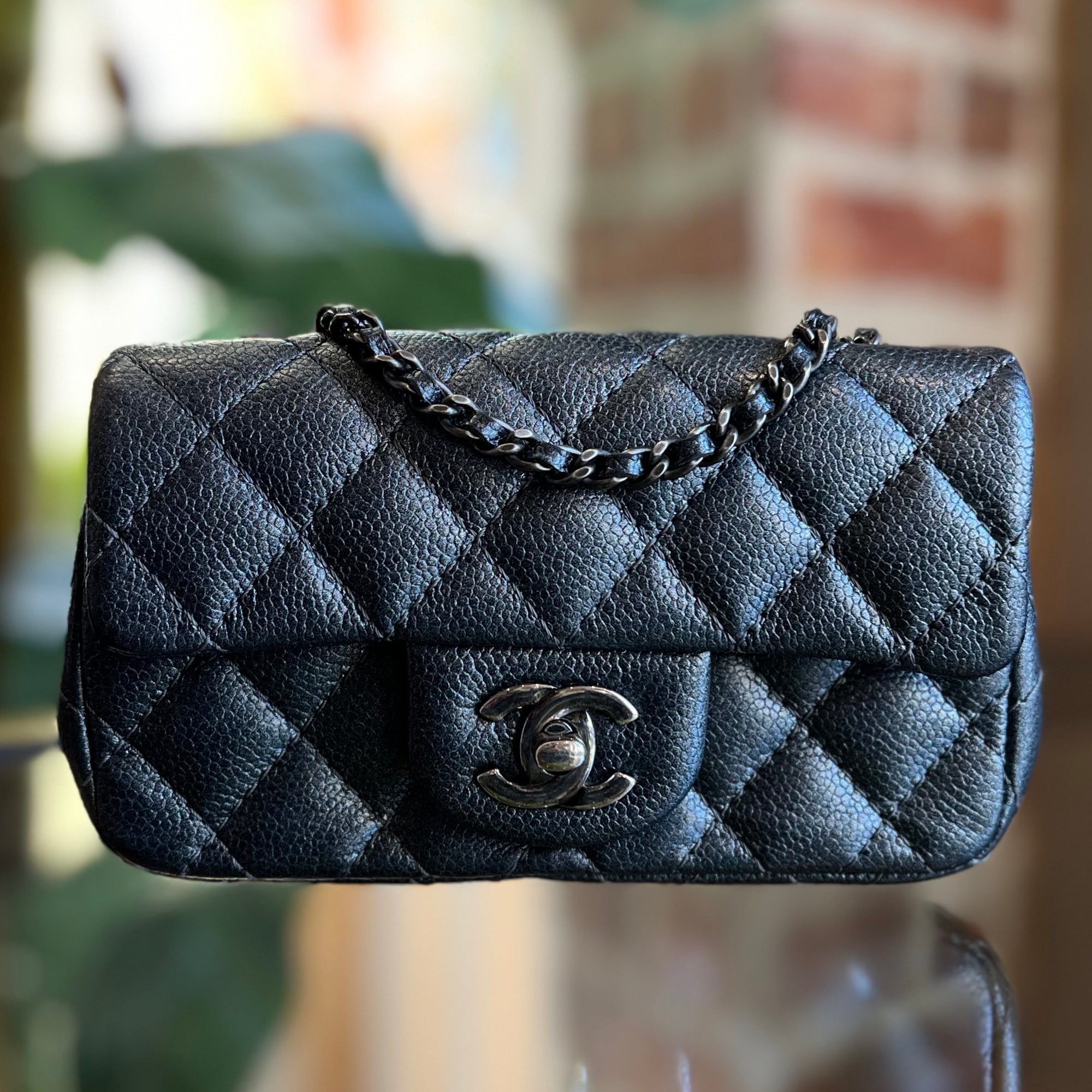 CHANEL Charcoal Grey Iridescent Caviar Quilted Mini Flap Bag TS3304