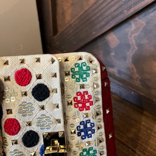 VALENTINO Embroidered Sequin Linen Canvas Rockstud Crossbody