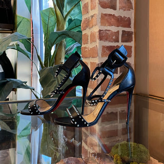 CHRISTIAN LOUBOUTIN Choca Spikes 100 Black Leather Heeled Sandals SZ35.5(5.5US)