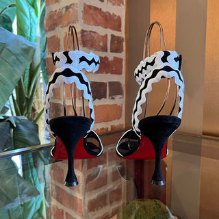 LOUBOUTIN White/Black Sling Back Suede Heels SZ 39.5 (US 9.5)