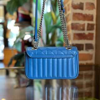GUCCI GG Marmont Flap Small Blue Mixed Matelasse Leather Shoulder Bag