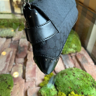 GUCCI Horsebit East-West Pochette Black GG Monogram Canvas Shoulder Bag