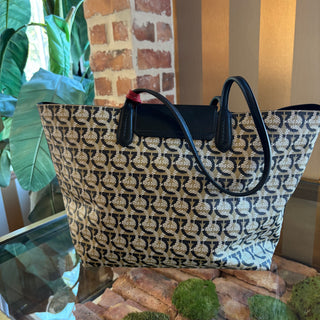 FERRAGAMO Leather Trim Coated Canvas Tote Bag