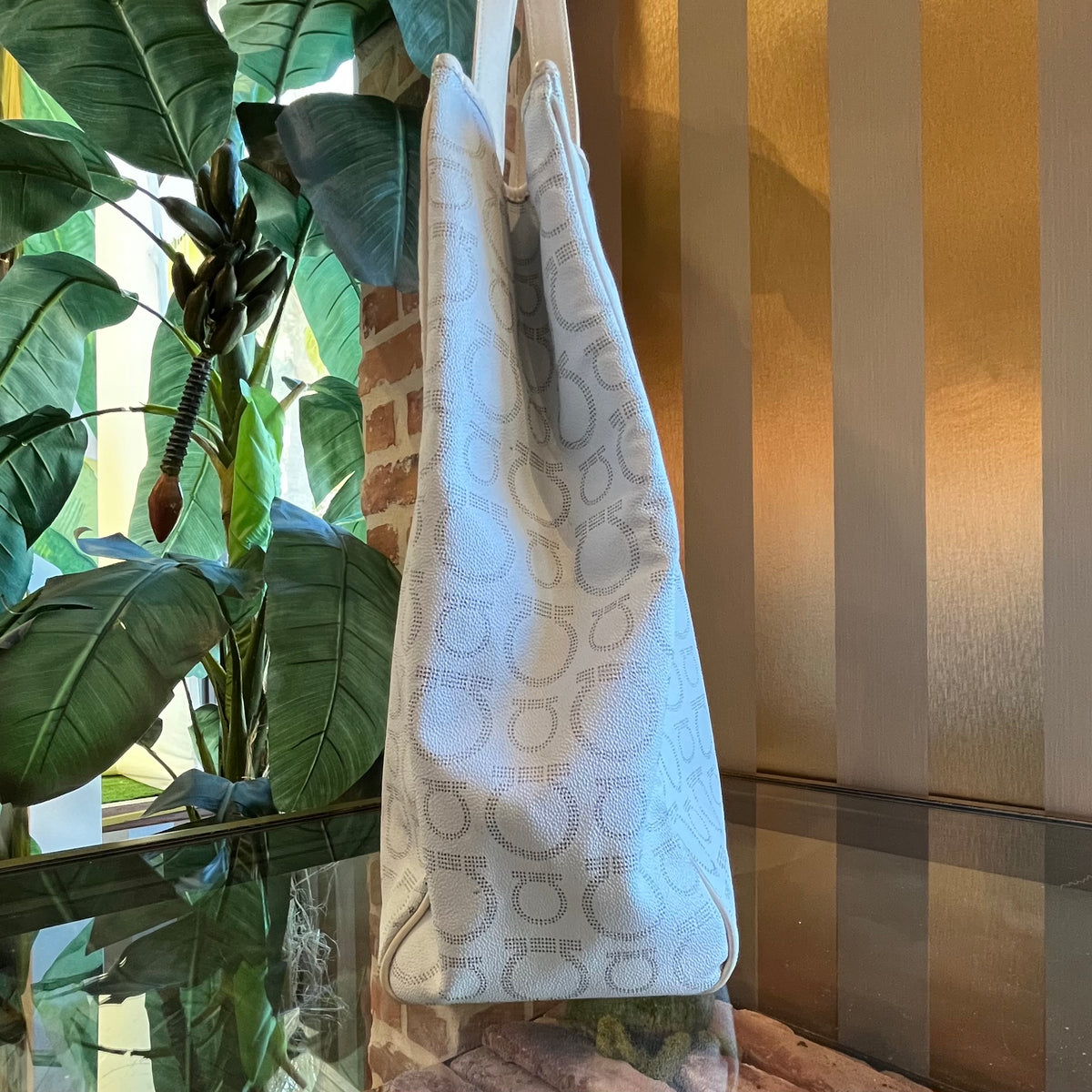 SALVATORE FERRAGAMO Ivory Perforated Leather Giancini Tote