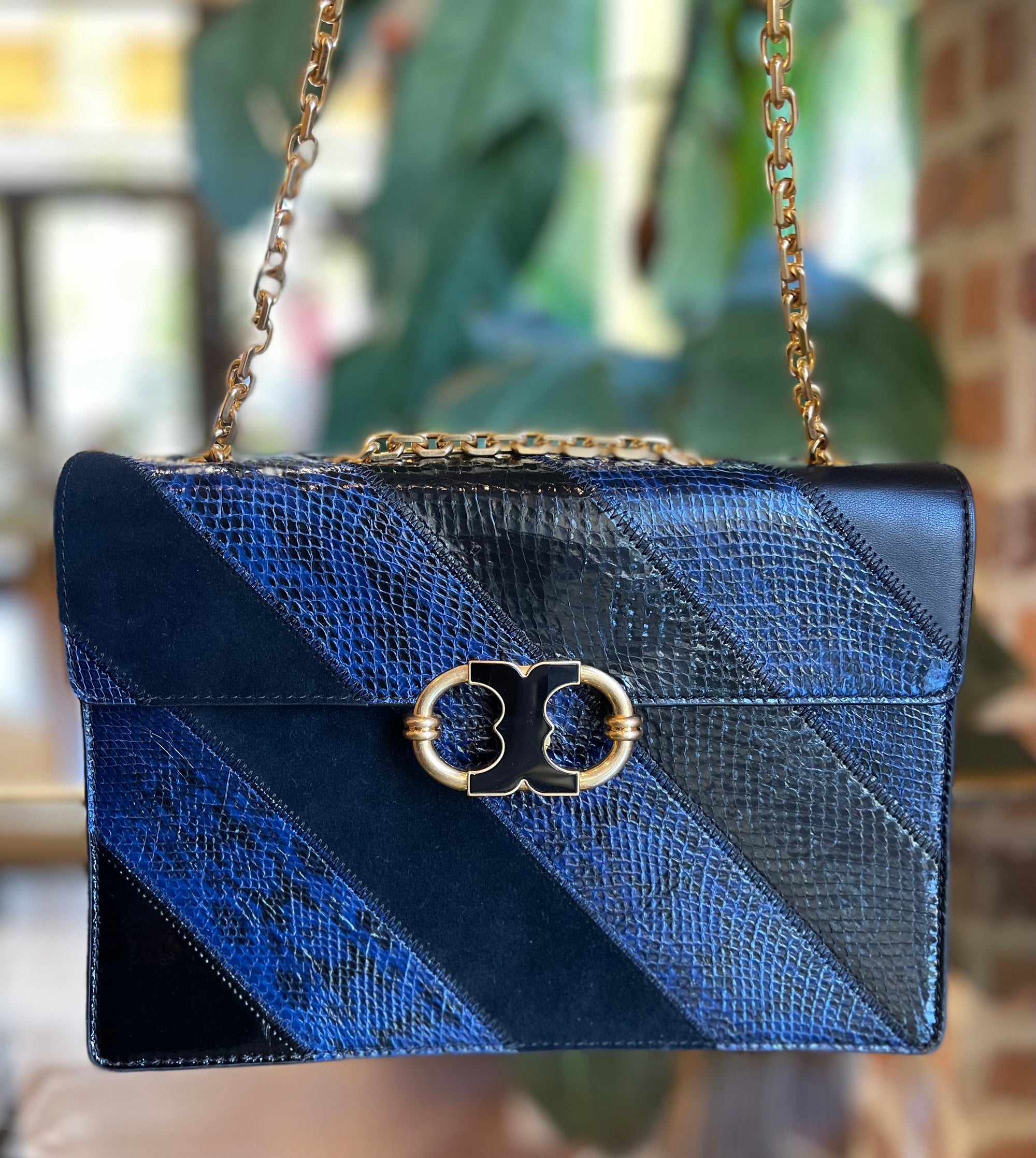 TORY BURCH Blue and Black Patchwork Flap