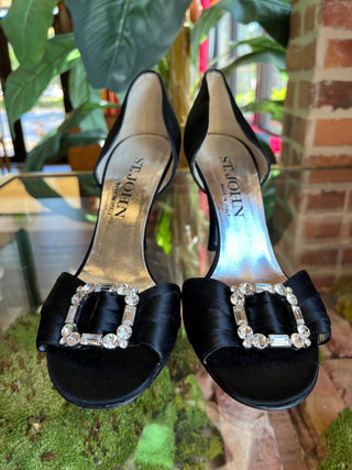 St. John Black Satin Crystal Heels SZ 7.5