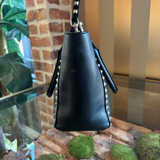 VALENTINO Black Smooth Calfskin Leather Rockstud Double Handle Tote Bag