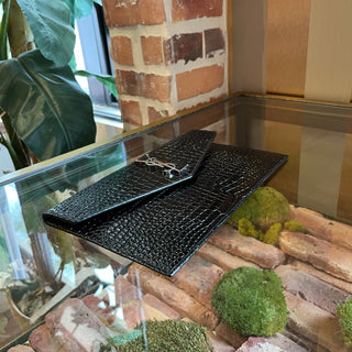 SAINT LAURENT Uptown Black Calfskin Crocodile Embossed Monogram Clutch