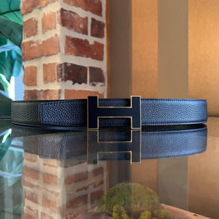 HERMES Reversible Black Leather H Buckle Belt