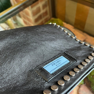PRADA Etiquette Black Glace Calfskin Studded Flap Crossbody Bag