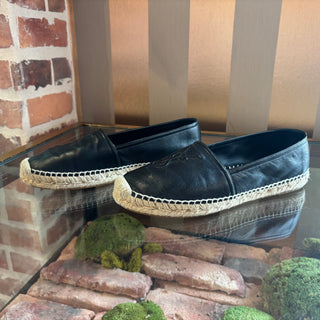 SAINT LAURENT Black Lambskin Leather YSL Espadrilles SZ 37.5 (US 7.5)