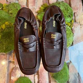 MIU MIU Ruches Brown Nappa Leather Loafers SZ38.5(8.5US)