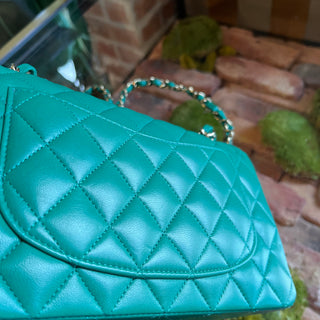 CHANEL Small Classic Double Flap Green Lambskin Quilted Shoulder Bag