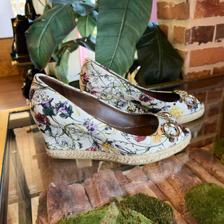 GUCCI Floral Print Horse Bit Canvas Peep Toe Wedges SZ 37.5