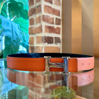 HERMES Black Box Calfskin & Orange Togo Calfskin Reversible Leather Belt Kit w/ Palladium-Plated  H Buckle SZ100