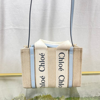 CHLOE Beige & Blue Stripe Canvas Tote Bag