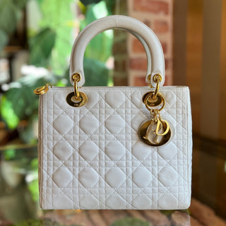 CHRISTIAN DIOR Lady Dior Medium White Lambskin Cannage Quilted Vintage Tote Bag