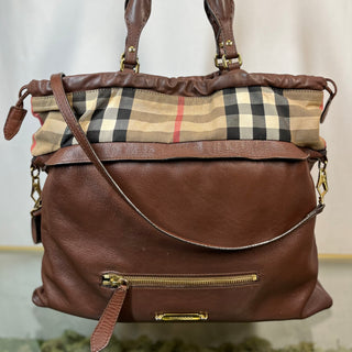 BURBERRY House Check Big Crush Brown Canvas and Leather Tote Bag