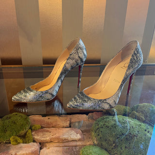 CHRISTIAN LOUBOUTIN Pigalle Follies Silver Glitter Striped Heels SZ 36 (US 6)