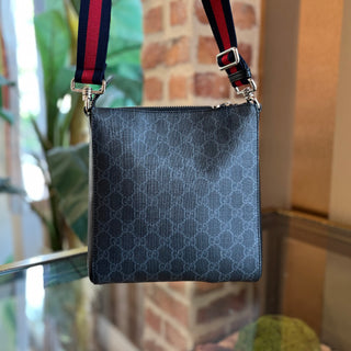 GUCCI Small Flat Messenger Black Grey GG Supreme Monogram Web Crossbody