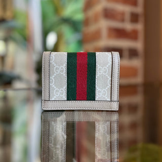 GUCCI Ophidia Beige GG Supreme Monogram Textured Dollar Calfskin Web Card Case