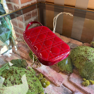 DIOR Lady Dior Call'in Cherry Red Patent Cannage Calfskin Phone Holder Crossbody