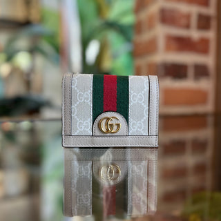 GUCCI Ophidia Beige GG Supreme Monogram Textured Dollar Calfskin Web Card Case