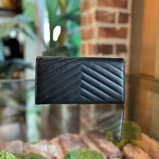 SAINT LAURENT Cassandre Black Grain De Poudre YSL Monogram Flap Wallet
