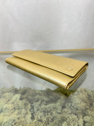 GUCCI GG Logo Gold Leather Long Wallet