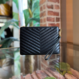 SAINT LAURENT Cassandra Black Chevron Leather Clutch