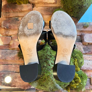 CHANEL Black Leather CC Turn Lock Block Heel Sandals SZ 39.5 (US 9.5)