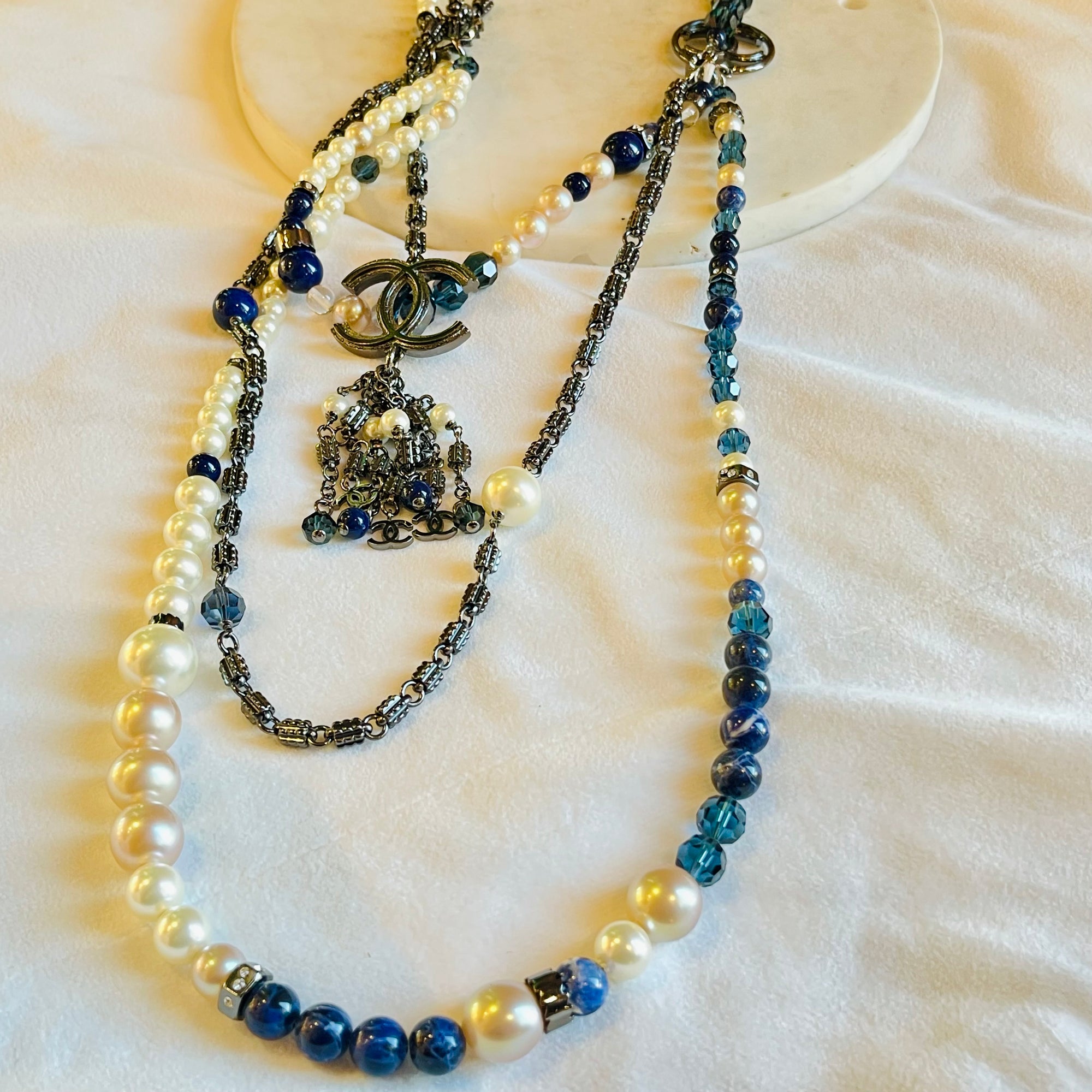 CHANEL Gun Metal Blue Pearl Beaded Long Tassel CC Necklace