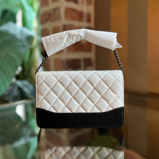 CHANEL Gabrielle Wallet On Chain Black White Quilted Lambskin Crossbody